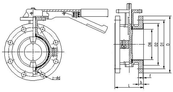 D41F手動法蘭蝶閥，不銹鋼法蘭蝶閥，襯四氟法蘭蝶閥結(jié)構(gòu)尺寸